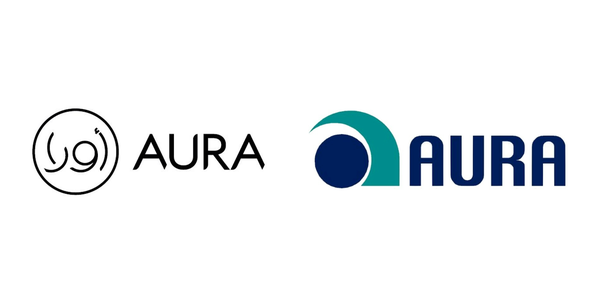 Aura marka karşılaştırması - Arapça yazılı çember logolu başvuru ve teal renkli AURA markası