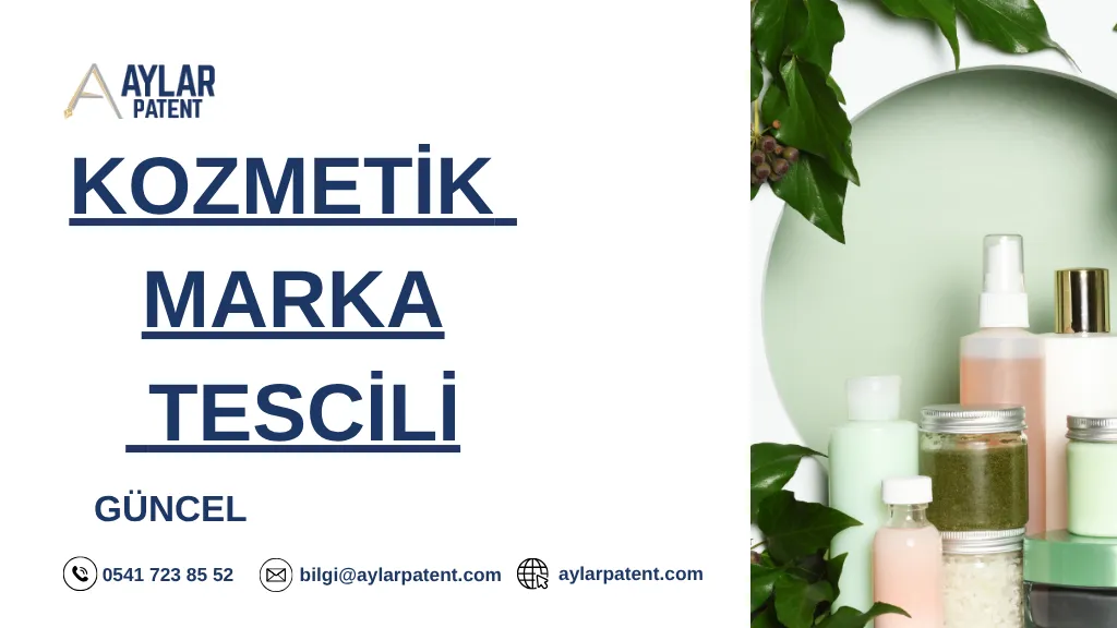 Kozmetik marka tescili başvurusu yapan girişimci ve kozmetik ürünleri, marka koruma sürecini anlatan görsel